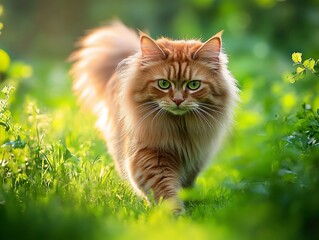 2408 81.A summer portrait of a fluffy red Siberian cat walking gracefully through a lush green garden. The cat&acirc;&euro;&trade;s thick fur gleams under the warm sunlight, with vibrant green grass framing the scene.