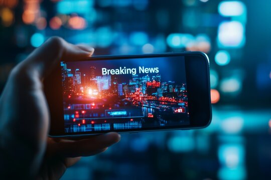 A hand holds a smartphone displaying breaking news against a blurred city background, symbolizing modern communication and information flow.