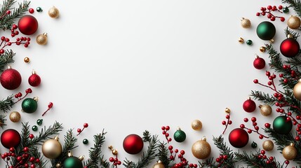 Festive Christmas decorations with ornaments and greenery on a white background.