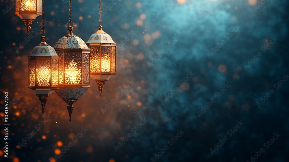 Poster luxurious arabian background featuring ornate white gold lanterns hanging gracefully the left side c