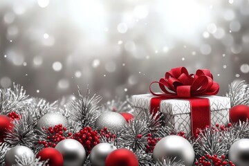 Festive Christmas Gift Box with Red and Silver Ornaments