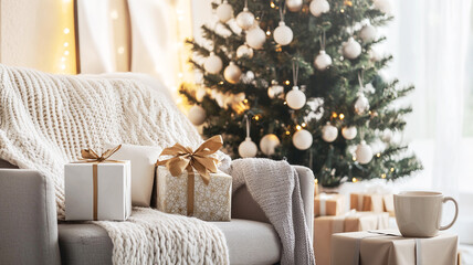 A minimalist and modern Christmas scene featuring a stylishly decorated living room.