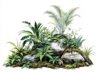 Obraz premium 2408 88.A tropical plant scene featuring ferns, moss, and small bushes surrounding smooth, natural rocks. The intricate detailing of the plants gives a lush and vibrant appearance, capturing the