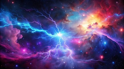 Stunning Panoramic View of a Nebula in Space with Electric Blue Lightning Effects for Cosmic Exploration and Astronomy