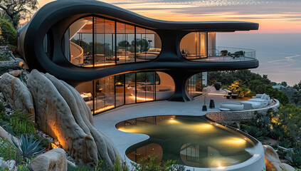 Fototapeta premium A modern, single-level house perched on the top of a mountain, with a dramatic view overlooking the coast at sunset. with filled with lush gardens and serene water features.