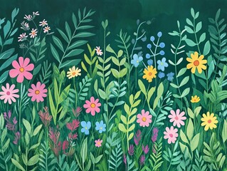 2408 26.A vibrant cartoon grass illustration featuring lush green plants with tiny spring flowers scattered throughout. The scene depicts a peaceful field or herb garden, with colorful blooms in