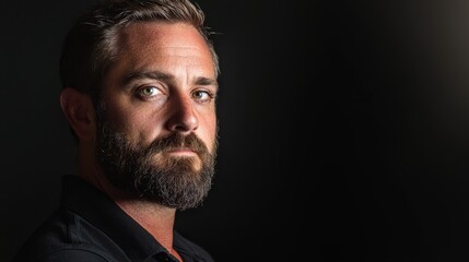 Fototapeta premium A tight shot of a bearded man in black attire, gazing intently into the camera with a grave expression