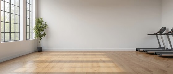 Spacious gym interior with treadmills and natural lighting, ideal for fitness activities.