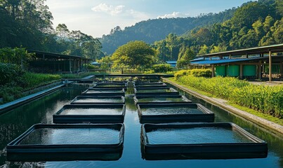 Aquaculture Farm modern aquaculture farm with rows of fish tanks or ponds, surrounded by lush greenery, highlighting sustainable fish farming, Generative AI