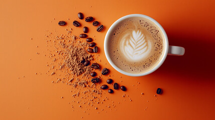 Cup of latte with foam art and coffee beans on an orange background. Flat lay composition with coffee grounds.