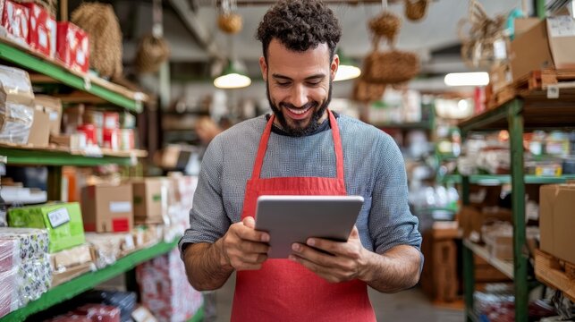 Smiling shopkeeper wearing red apron using tablet in store aisle. Shelves stocked with diverse products in background. Entrepreneurship concept. small business SME independent concept.