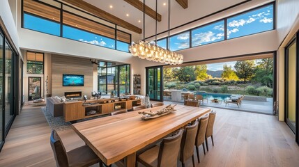Modern Home Interior with Dining Table and View of Backyard Pool