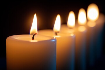 A row of white candles in a dark room, all but one unlit, creating a striking contrast. 