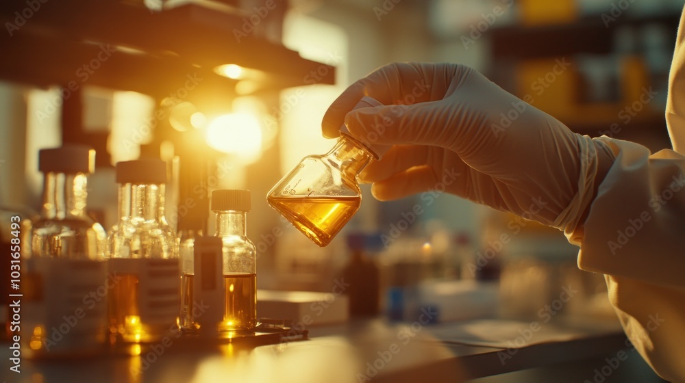 Poster gloved hand holding a flask of yellow liquid in a laboratory setting