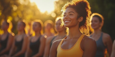 Diverse group of people participating in a wellness event or fitness class together outdoor nature view, promoting a sense of community support for health, Generative AI
