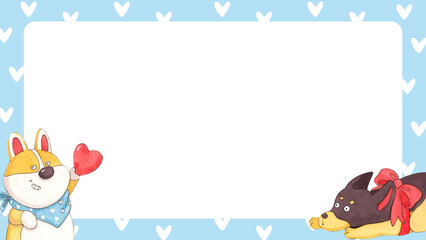 A brown and white dog holds up a heart, a dachshund wears a red bow.., hand-drawn watercolor frame design