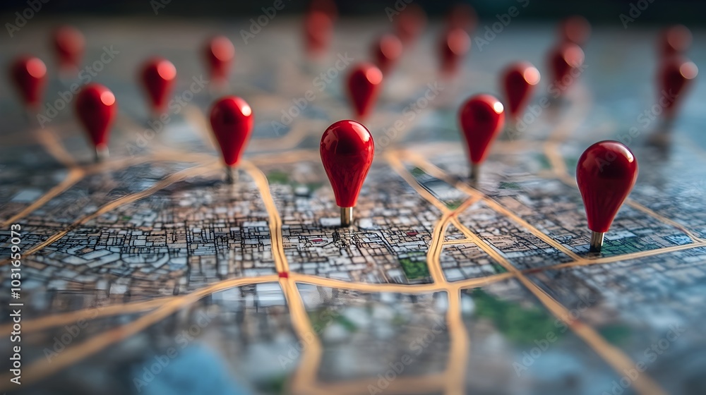 Aufkleber red pinpointed cityscape map displaying multiple locations