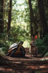 Obraz premium A turtle and a rabbit walk together on a forest path, surrounded by greenery.