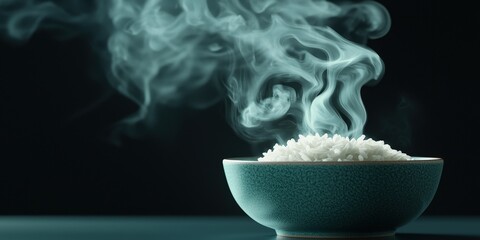 Steaming Bowl of White Rice with Smoke   Asian Cuisine  Food Photography