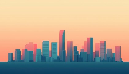 Obraz premium Stylized city skyline at sunset with vibrant colors and modern architecture.