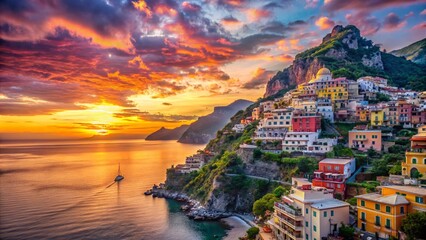 Fototapeta premium Stunning Positano Sunset Overlooking the Amalfi Coast - A Serene Coastal Escape