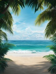 Fototapeta premium Tranquil beach scene with palm trees framing the ocean and a bright blue sky.
