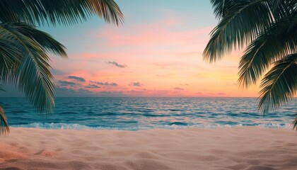 Fototapeta premium Tropical beach at sunset with vibrant colors and palm trees framing the view of the ocean.