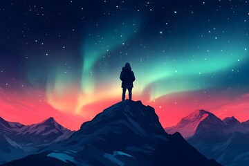 Fototapeta premium Solitary Explorer Gazing at the Aurora Borealis from a Mountain Peak
