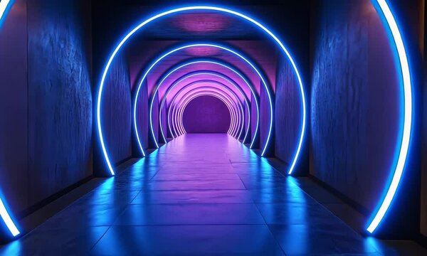 Futuristic neon tunnel with blue and purple glowing arches, leading to an unknown destination.