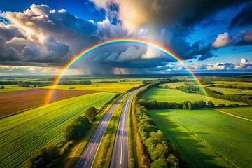 Obraz premium Stunning Rainbow Arching Over a Country Road with Lush Green Fields and Blue Sky