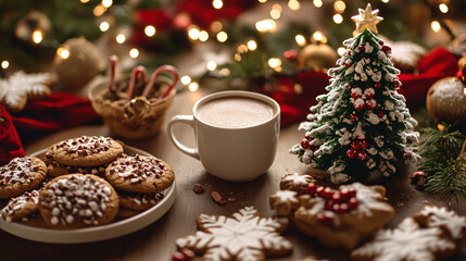 Hot winter drink in a mug: cozy home composition with homemade gingerbread cookies, candy cane, fir tree branch. Wooden background, christmas lights and candles
