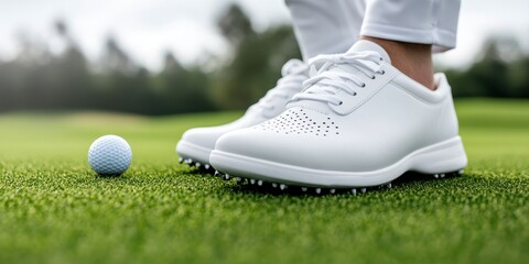 Elegant white golf shoes on lush green course with golf ball