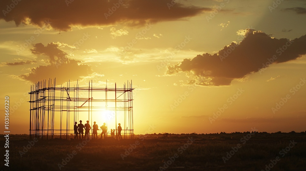 Poster a team of engineers discussing blueprints at a construction site, the sun setting behind scaffolding