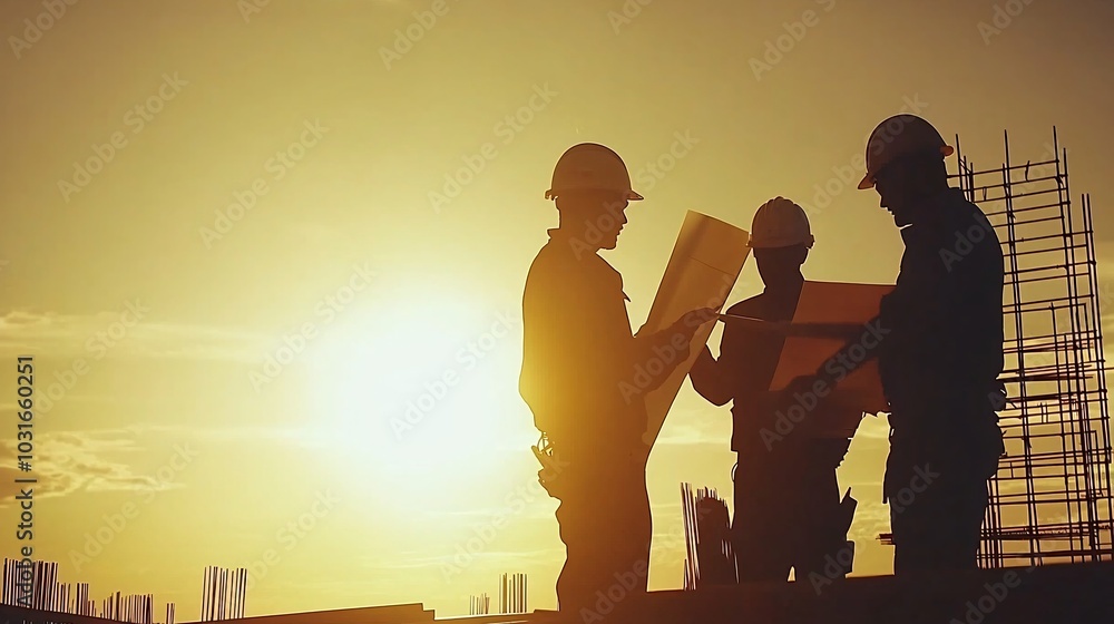 Poster a team of engineers discussing blueprints at a construction site, the sun setting behind scaffolding