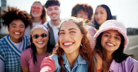 Friends, selfie and gen z diversity for profile picture, internet and photography with cool trendy...