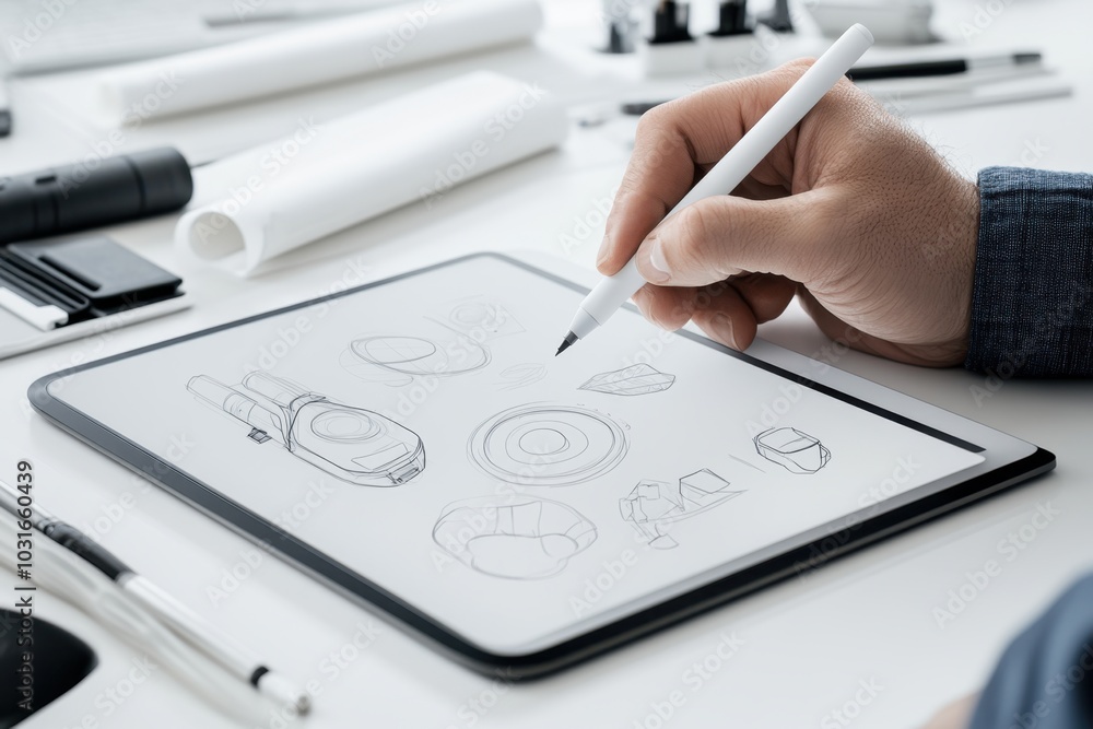 Aufkleber designer sketching futuristic concepts on tablet with stylus in modern workspace
