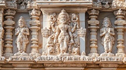 Intricate marble carvings depicting Hindu deities adorn the facade of a temple.