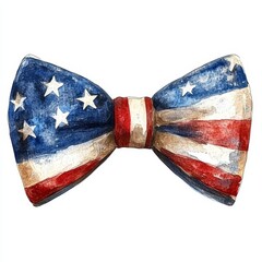 USA-themed bow tie painted in delicate watercolor strokes, featuring red, white, and blue with star details, isolated on a transparent canvas