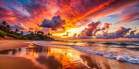 Stunning Red Dawn Over Tropical Beach with Calm Sea Waves and Illuminated Clouds - Paradise Landscape Photography