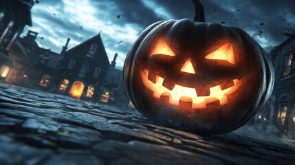 Fototapeta premium A jack-o-lantern carved and sits on a cobblestone road, before a house at night Full moon alights the sky