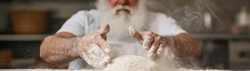 A baker kneading dough in a rustic kitchen, flour in the air, every movement precise, the result of years of practice