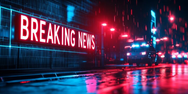 Digital display of breaking news in vibrant colors with a neon theme, highlighting urgency and immediacy of current events.