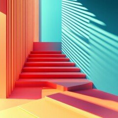 Vibrant geometric shapes, stacked in a dynamic arrangement, contrasting neon and pastel tones, with striking shadows and highlights, futuristic art style