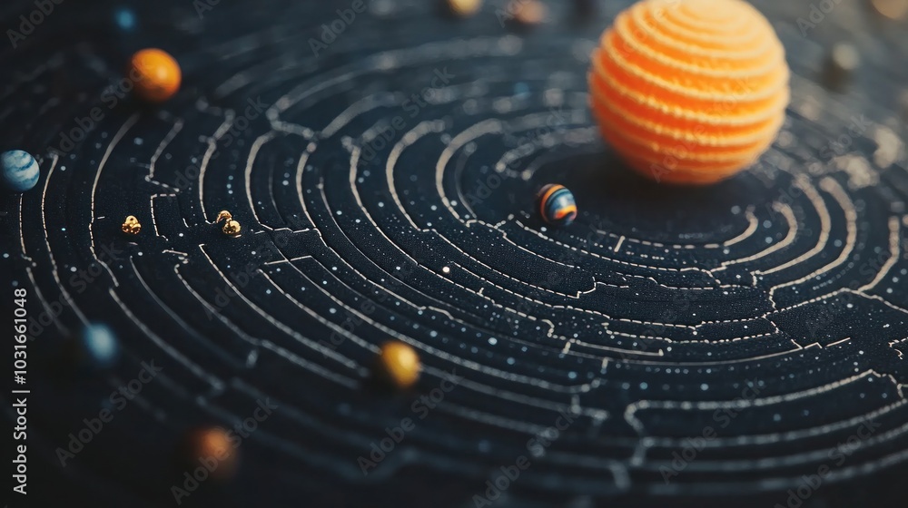 Poster a close-up of a 3d model of the solar system with planets in orbit around the sun.