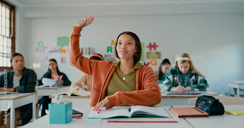 Aufkleber answer, hands raised and education with girl in classroom for learning, idea and scholarship. questi