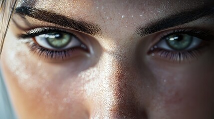 Fototapeta premium A woman's face, close-up Freckles like light dusting of snow Green eyes shining bright