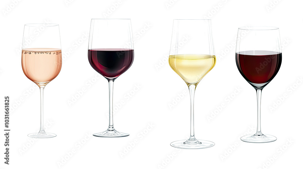 Poster set of elegant wine glasses filled with various types of wine generative ai