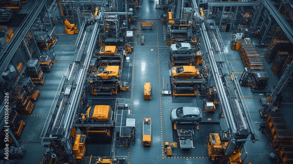 Poster aerial view of an automated car factory with robots and conveyor belts, showing cars in various stag