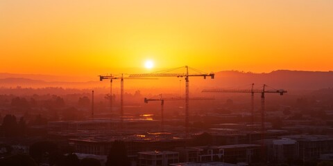 Naklejka premium A beautiful orange sunset shines over a construction site with tall cranes. There's a new building going up, maybe an office, a store, or even homes. You can see the whole area from a high viewpoint.
