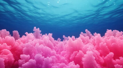 Vibrant underwater coral reef in shades of pink and blue, showcasing marine biodiversity.